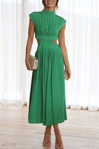 Elegant summer midi dress with roll neck and waist cut-out – Avelina-Black-S-State of Style