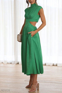 Elegant summer midi dress with roll neck and waist cut-out – Avelina-Black-S-State of Style