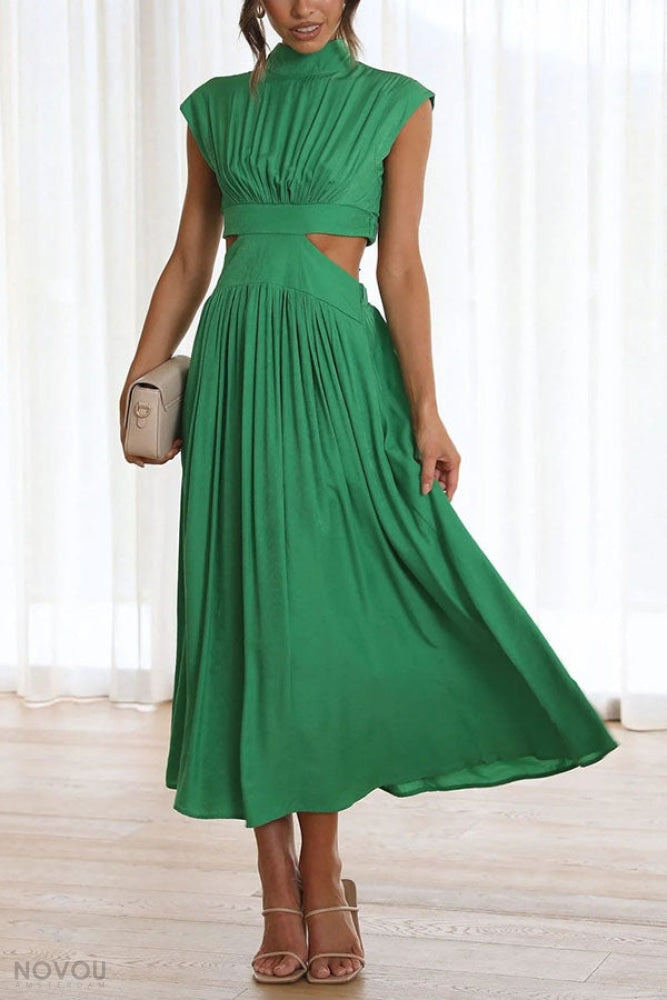 Elegant summer midi dress with roll neck and waist cut-out – Avelina-Black-S-State of Style