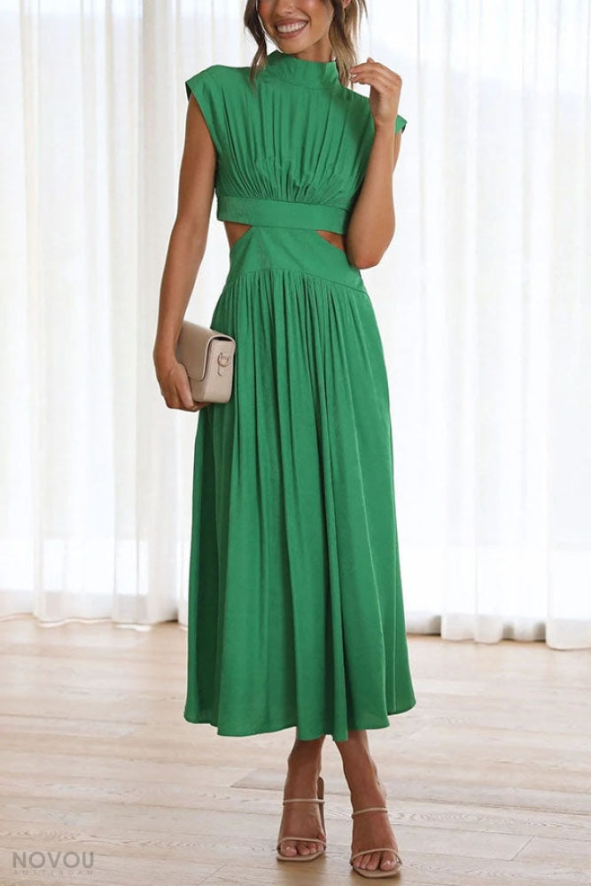 Elegant summer midi dress with roll neck and waist cut-out – Avelina-Green-S-State of Style