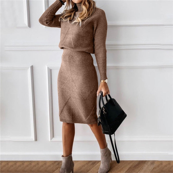 Elegant Two-Piece Set | Turtleneck Top & Pencil Skirt-Brown-S-State of Style