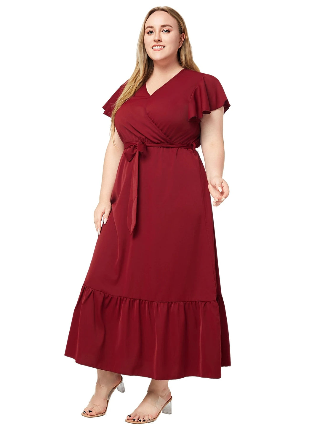 Elegant V-Neck Plus Size Summer Dress-Red-2XL-State of Style
