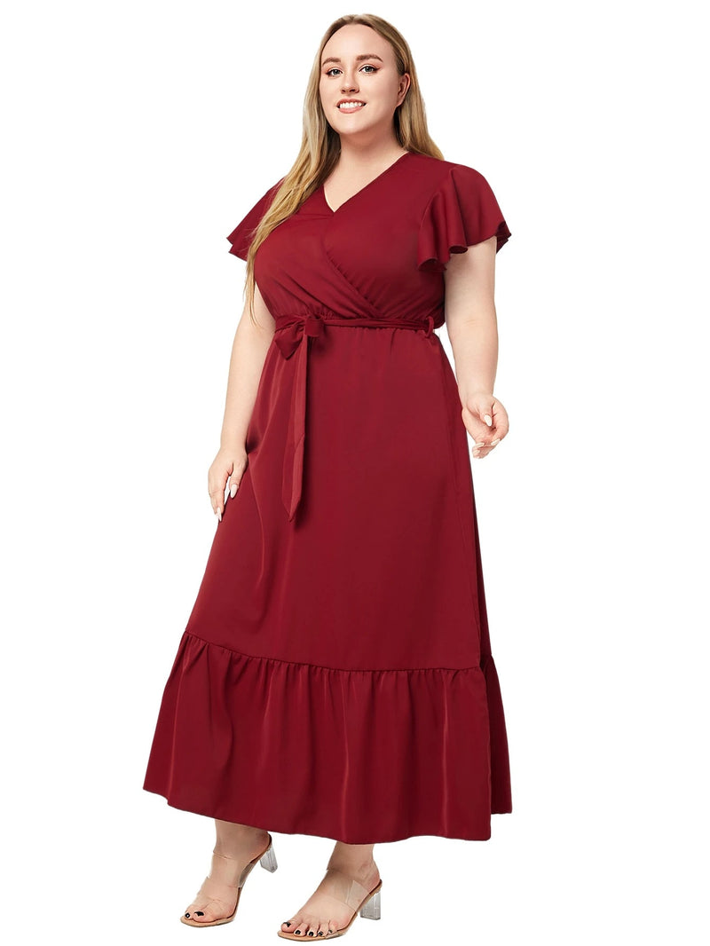 Elegant V-Neck Plus Size Summer Dress-Red-2XL-State of Style