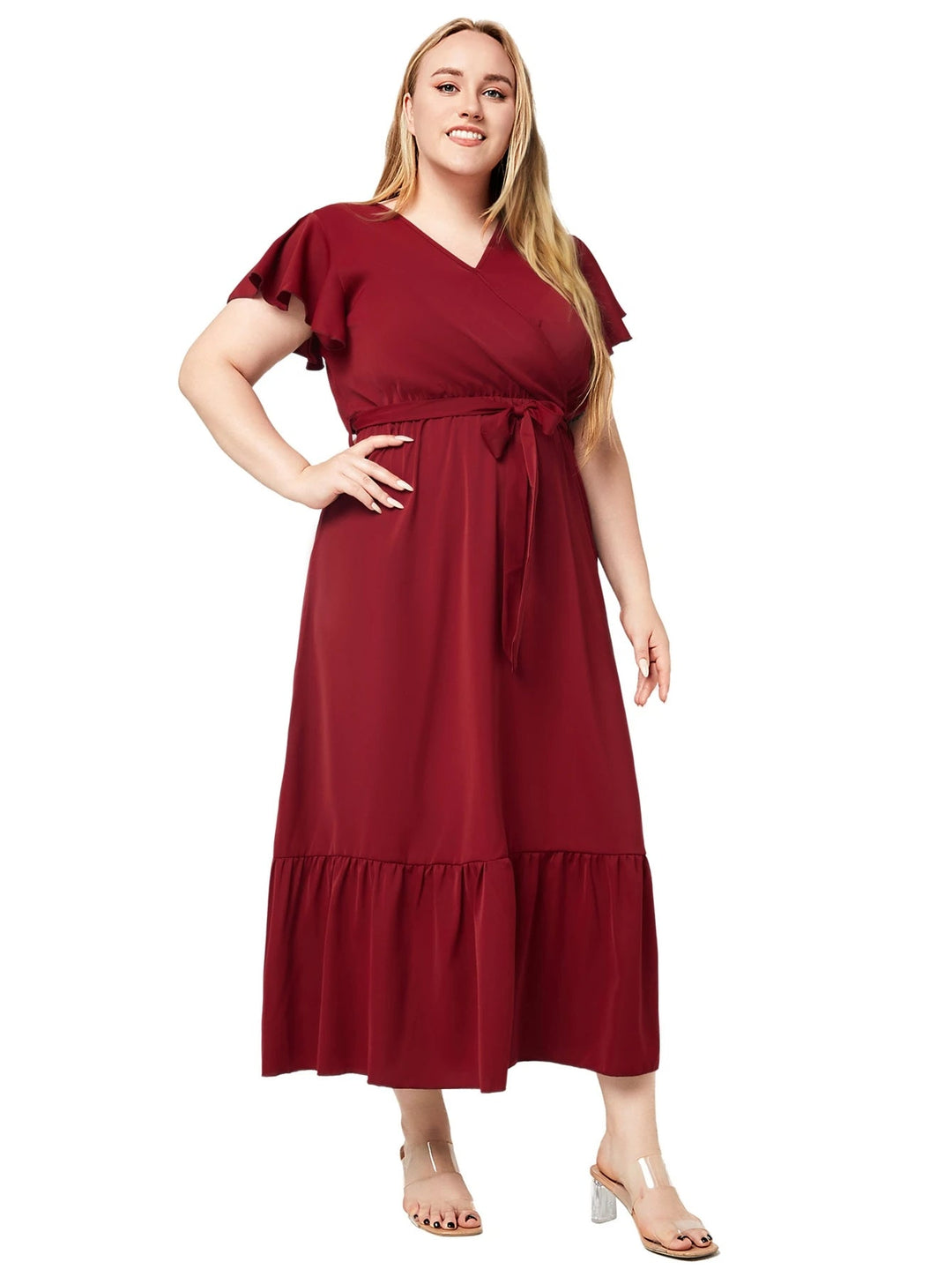Elegant V-Neck Plus Size Summer Dress-Red-2XL-State of Style