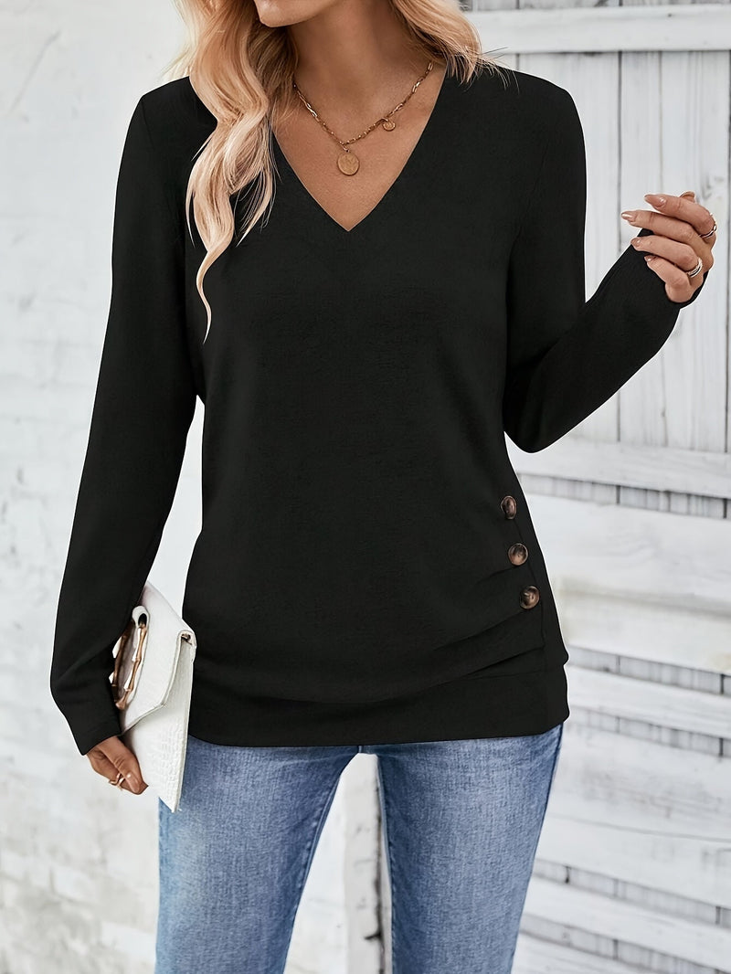 Ladies' sweater with V-neck and button detail – Iris