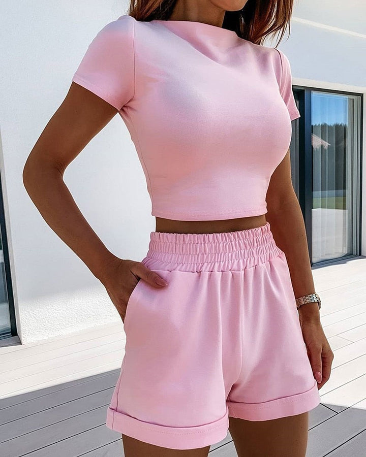 ElizabethsSet | 2-Piece Sports Outfit – Top & Shorts-Pink-S-State of Style