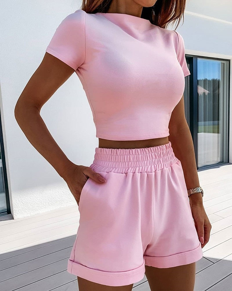 ElizabethsSet | 2-Piece Sports Outfit – Top & Shorts-Pink-S-State of Style