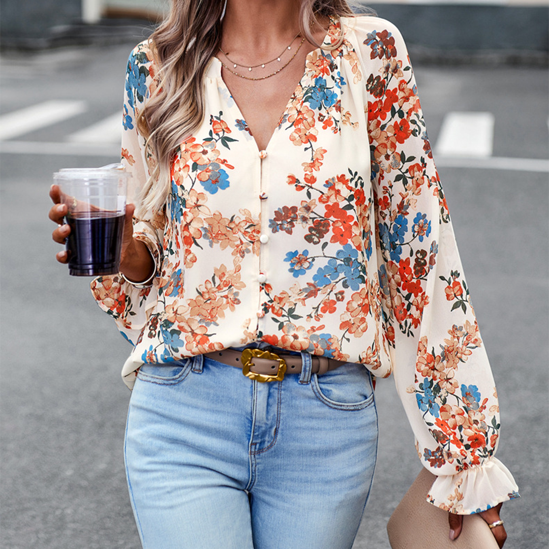 Elowen | Stylish Floral Print Blouse-Apricot-M-State of Style
