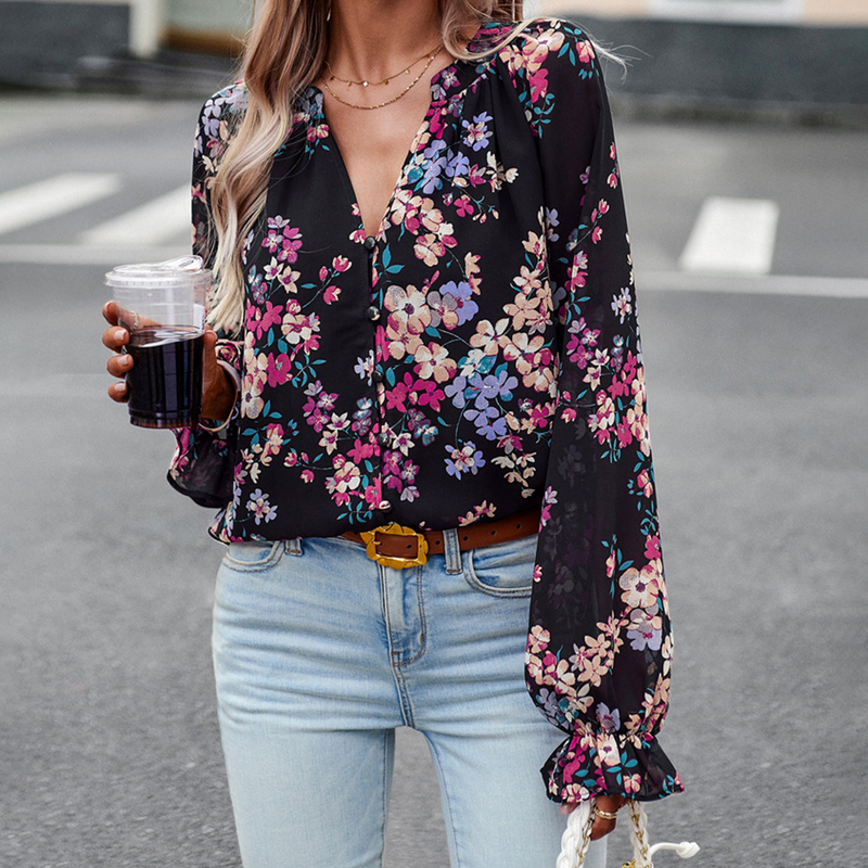 Elowen | Stylish Floral Print Blouse-Black-M-State of Style