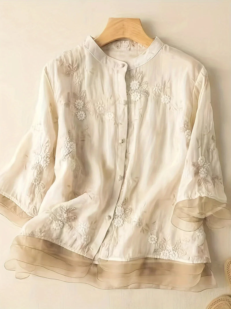 Embroidered Floral Blouse | Eliza | Button Closure | Fashionable-Apricot-M-State of Style