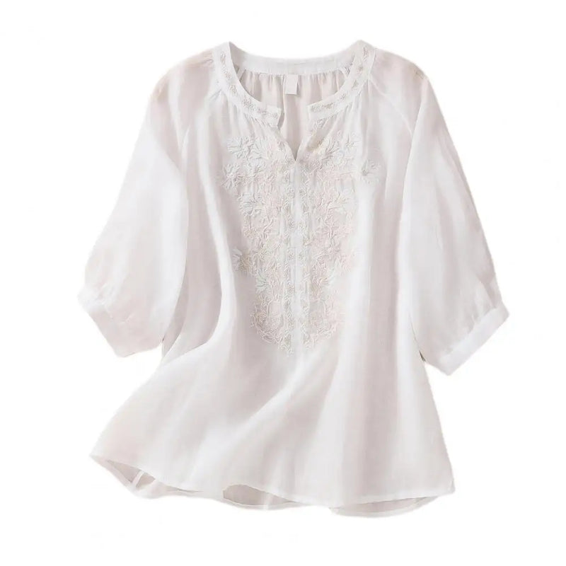 Embroidered Ladies' Cotton Summer Blouse – Ysolde-White-S-State of Style