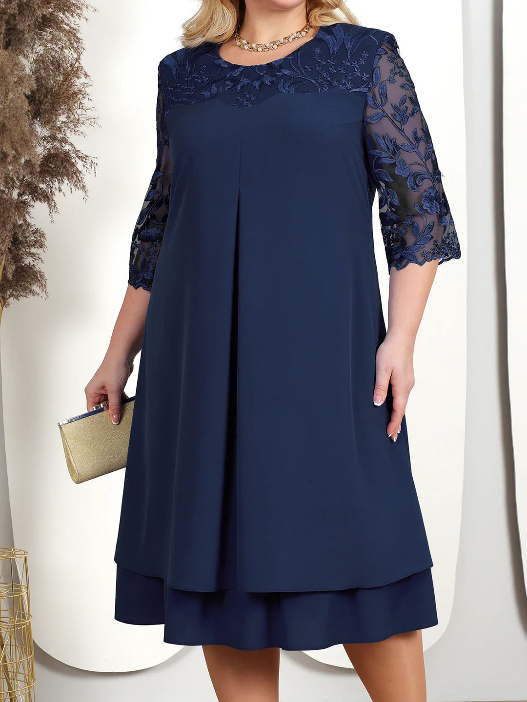 Embroidered Plus-Size Banquet Dress-Navy Blue-L-State of Style