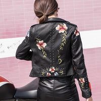 Embroidered women's faux leather biker jacket – Eleonora-Black-S-State of Style