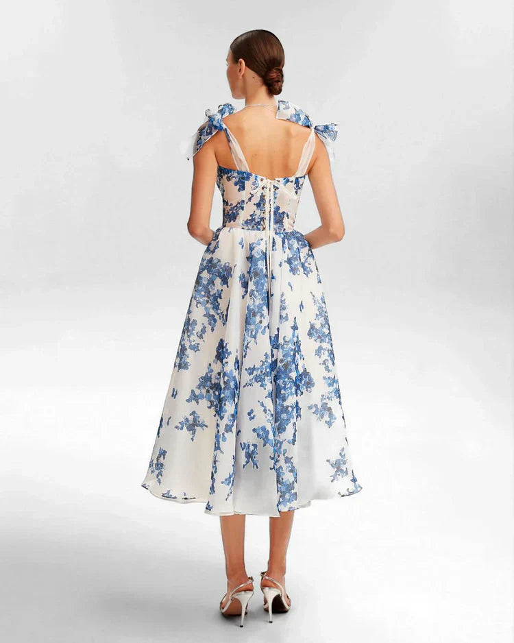 Enchanting Blue Flower Dress - Luna-White with Blue-S-State of Style