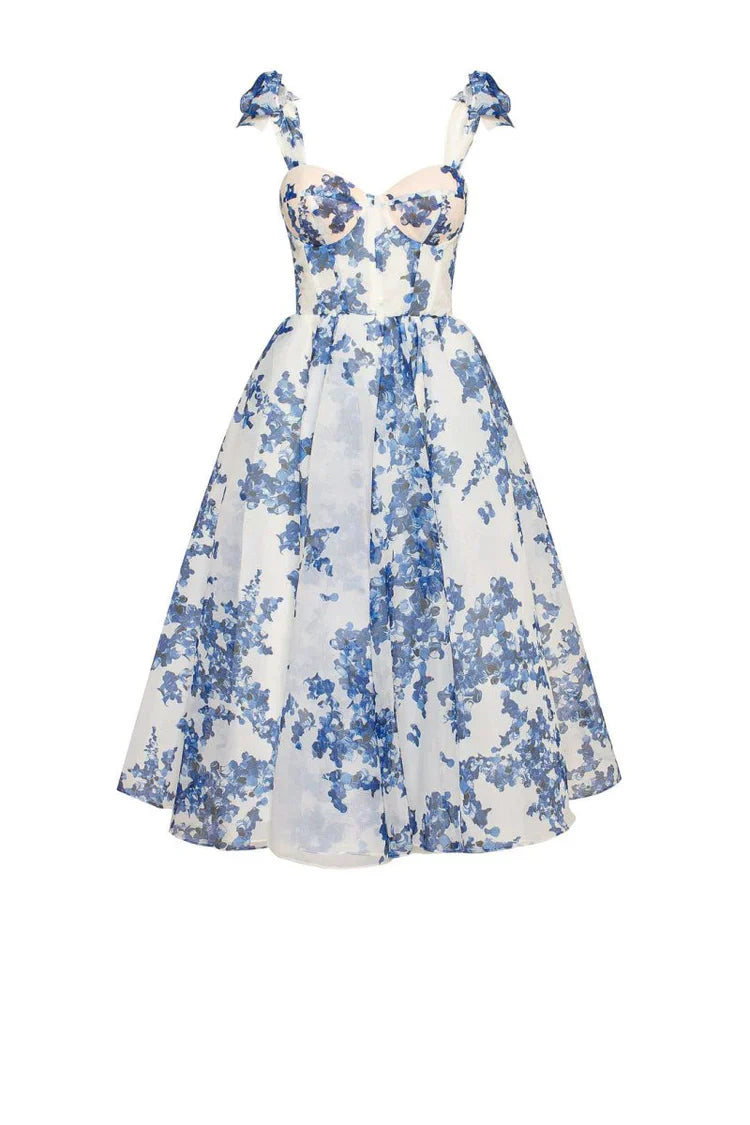Enchanting Blue Flower Dress - Luna-White with Blue-S-State of Style
