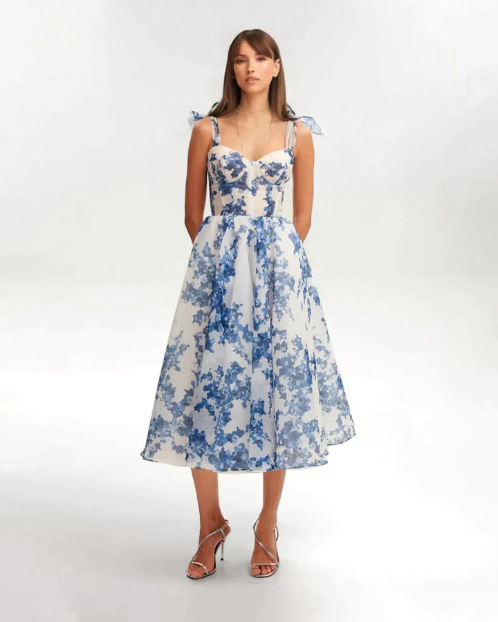 Enchanting Blue Flower Dress - Luna-White with Blue-S-State of Style