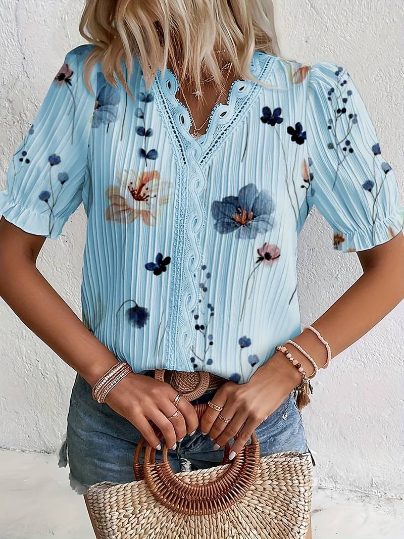 Esmeralda | Spring V-Neck Blouse for Women-Sky Blue-M-State of Style