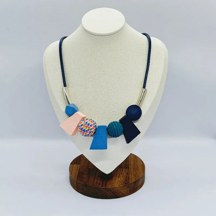 Ethnic Geometric Wooden Bead Necklace-BLUE-State of Style