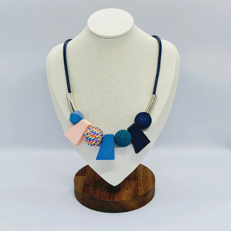 Ethnic Geometric Wooden Bead Necklace-BLUE-State of Style
