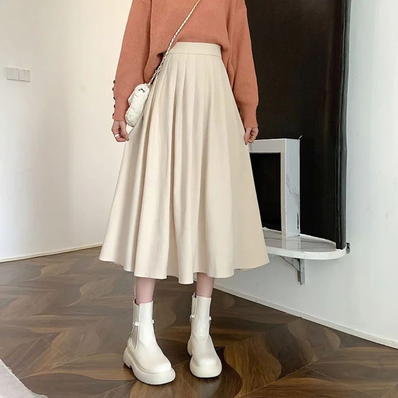 Evelyn Traditional Skirt – High-Waisted Vintage Pleated Midi Skirt-Apricot-S-State of Style