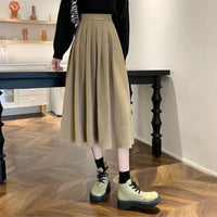 Evelyn Traditional Skirt – High-Waisted Vintage Pleated Midi Skirt-Khaki-S-State of Style