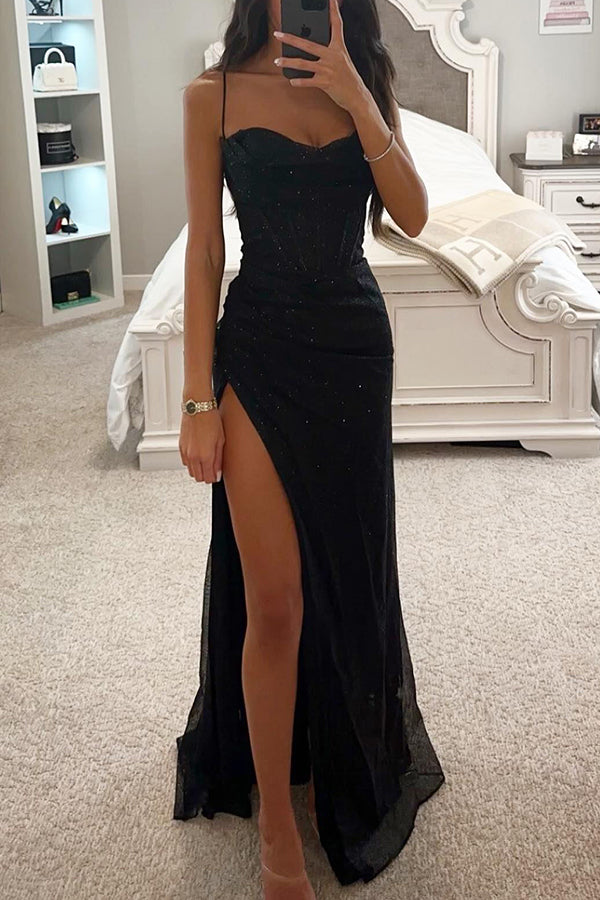 Evening dress with glitter and thigh slit for ladies - Lorena-Black-S-State of Style