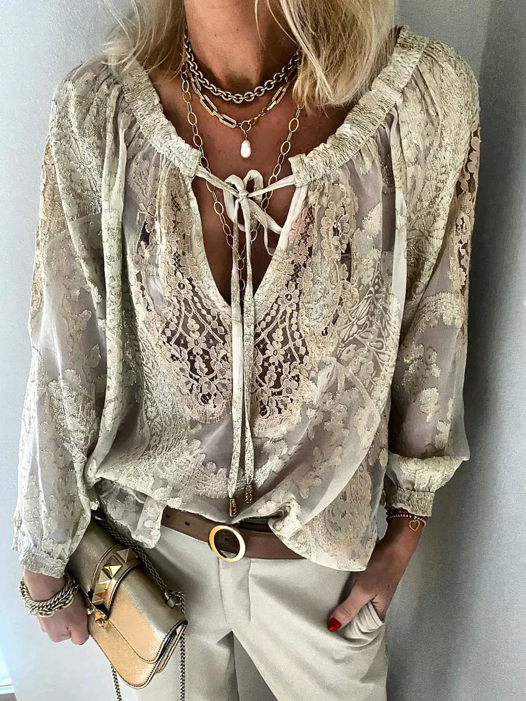 Exclusive Women's Blouse with Lace - Elodie-Khaki-XS-State of Style