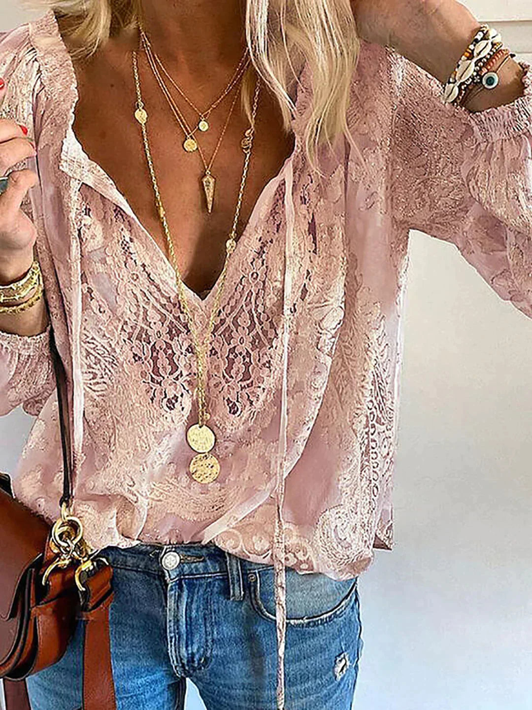 Exclusive Women's Blouse with Lace - Elodie-Pink-XS-State of Style