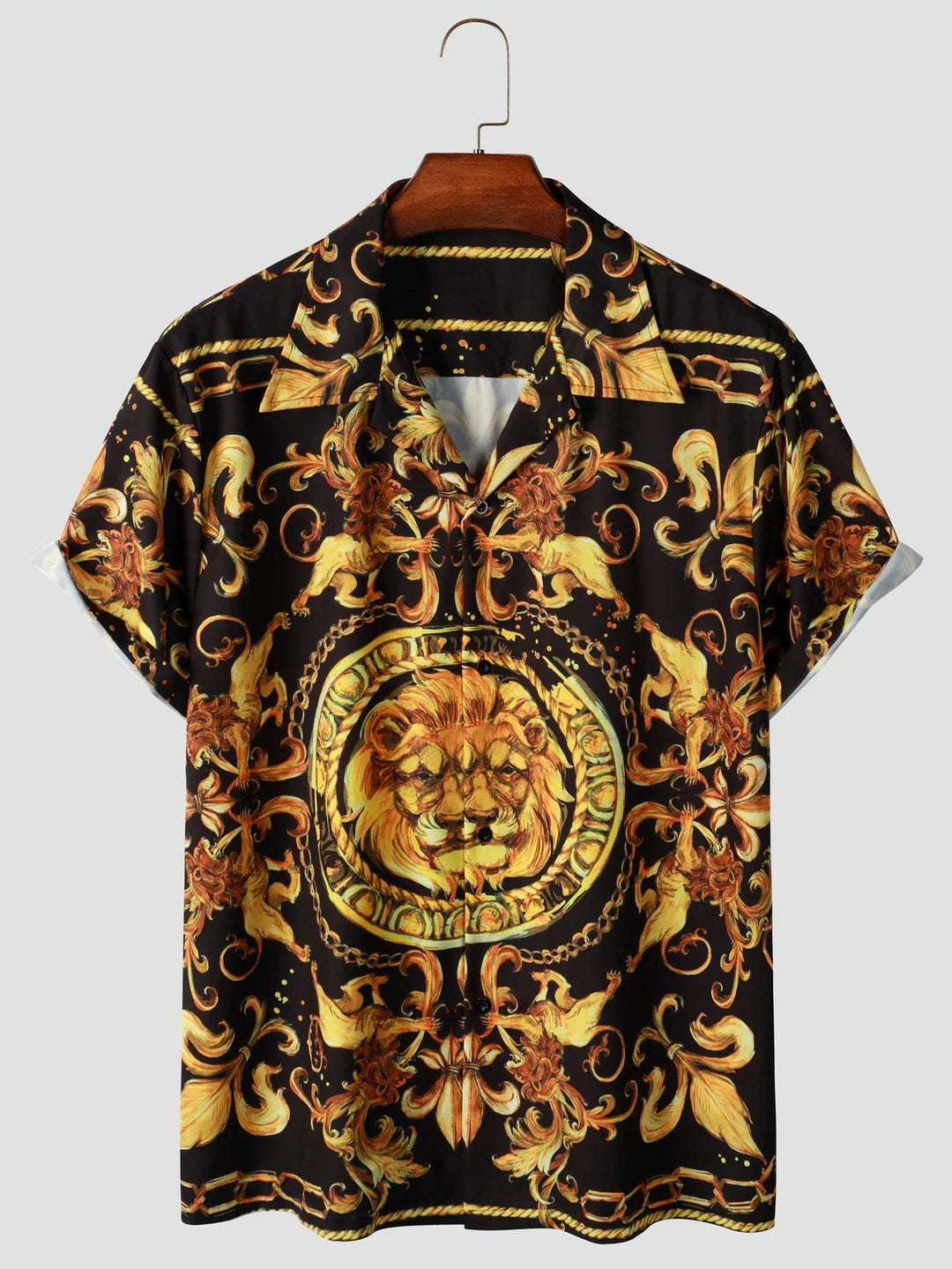 Expressive men's short-sleeved shirt with baroque pattern & lion motif – Dante-M-State of Style