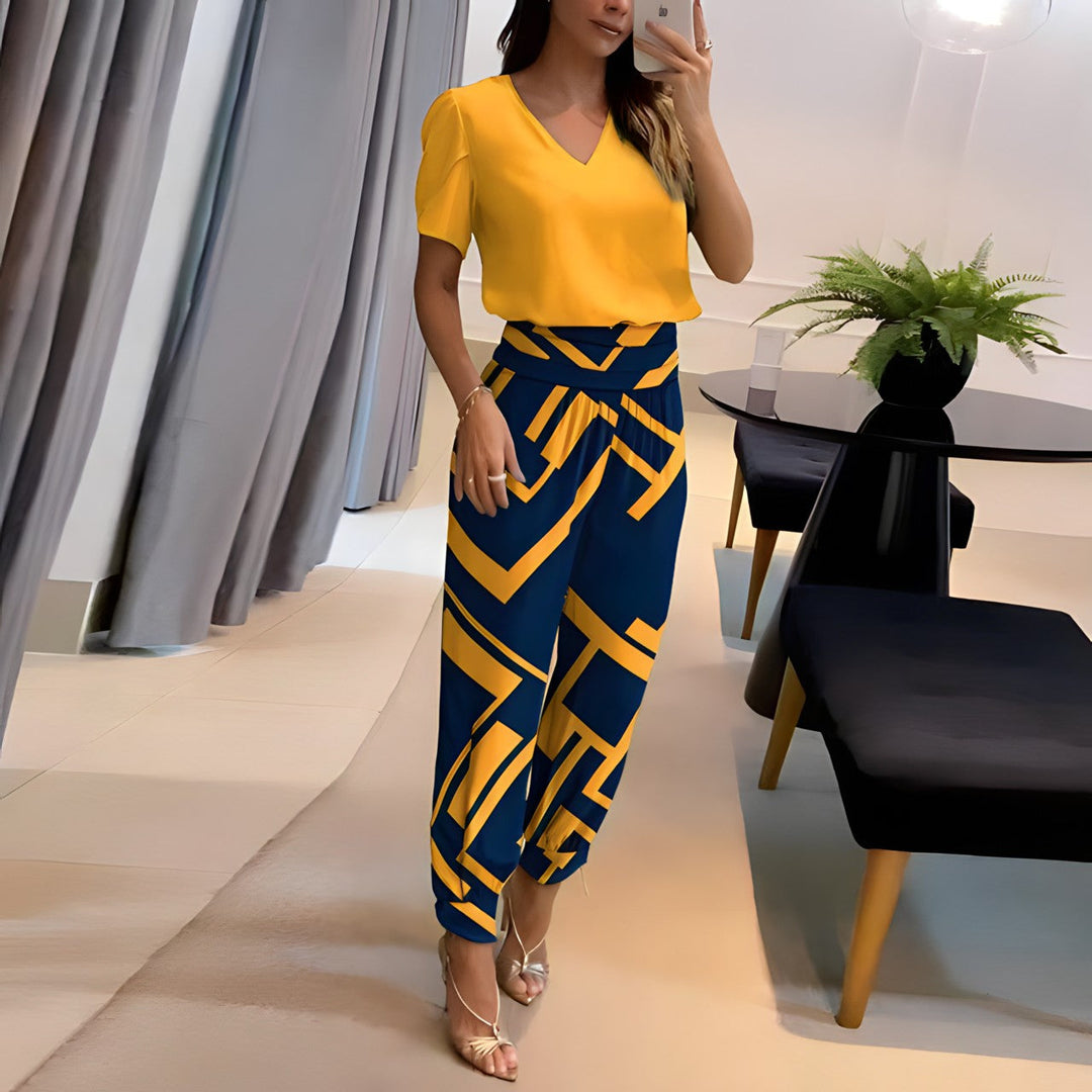 Fashionable blouse set with trousers – Comfort & Style combined – Fabienne-Yellow-Blue Print-S-State of Style