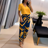 Fashionable blouse set with trousers – Comfort & Style combined – Fabienne-Yellow-Blue Print-S-State of Style