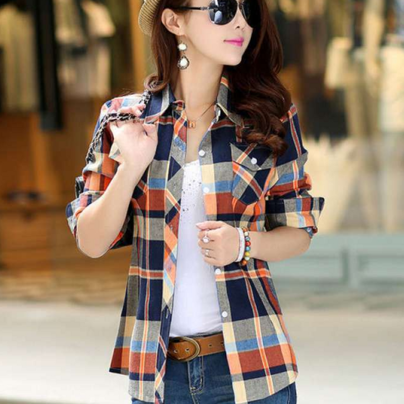 Fashionable Blouse with Check Pattern - Sienna-Orange-XS-State of Style