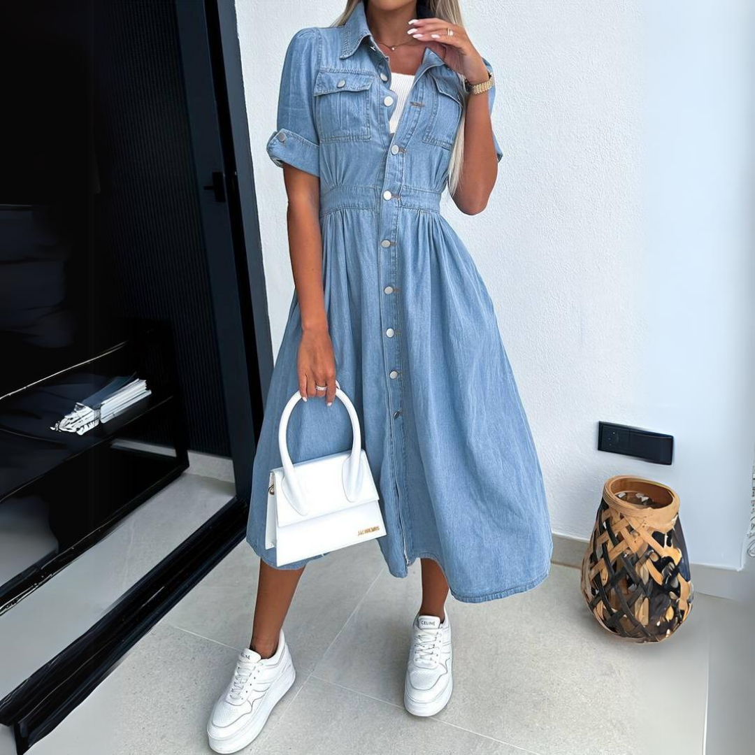 Fashionable Denim Dress with Short Sleeves - DenimCharm-S-State of Style