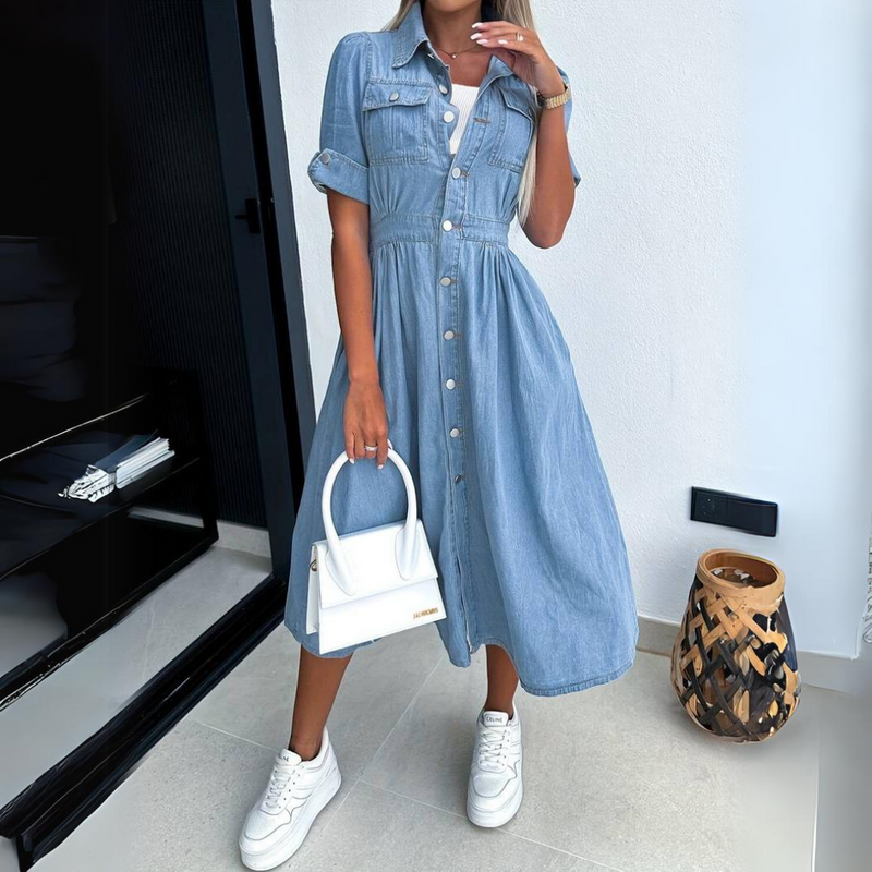 Fashionable Denim Dress with Short Sleeves - DenimCharm-S-State of Style