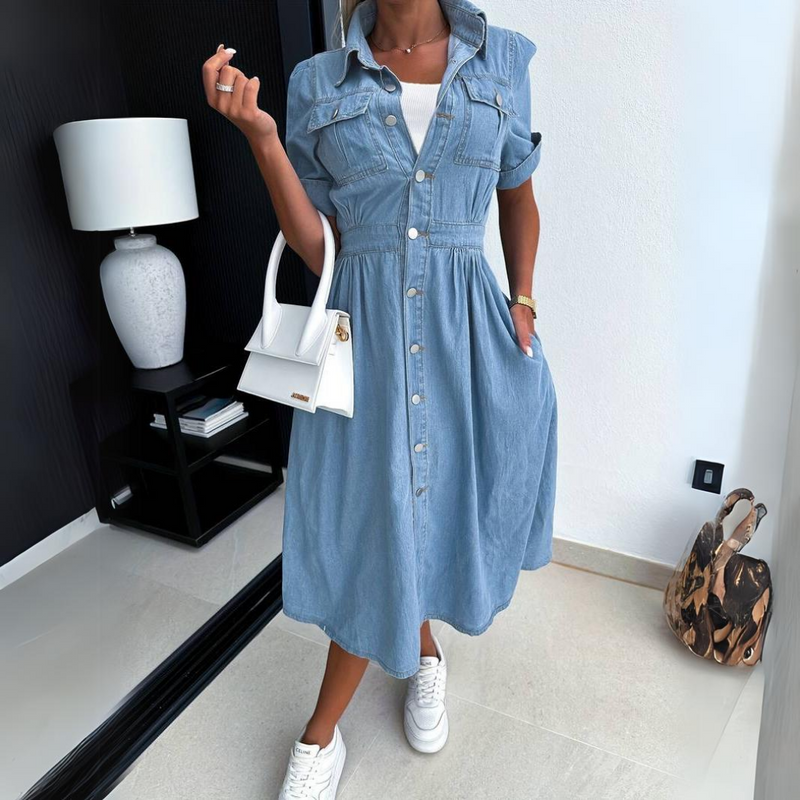 Fashionable Denim Dress with Short Sleeves - DenimCharm-S-State of Style