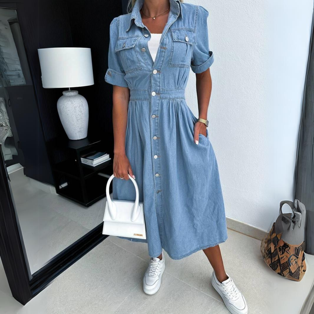 Fashionable Denim Dress with Short Sleeves - DenimCharm-S-State of Style