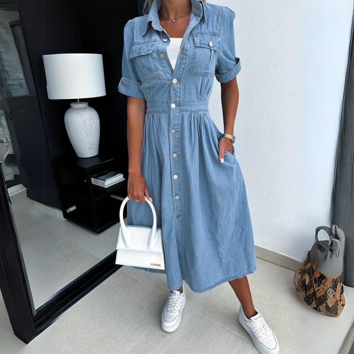 Fashionable Denim Dress with Short Sleeves - DenimCharm-S-State of Style