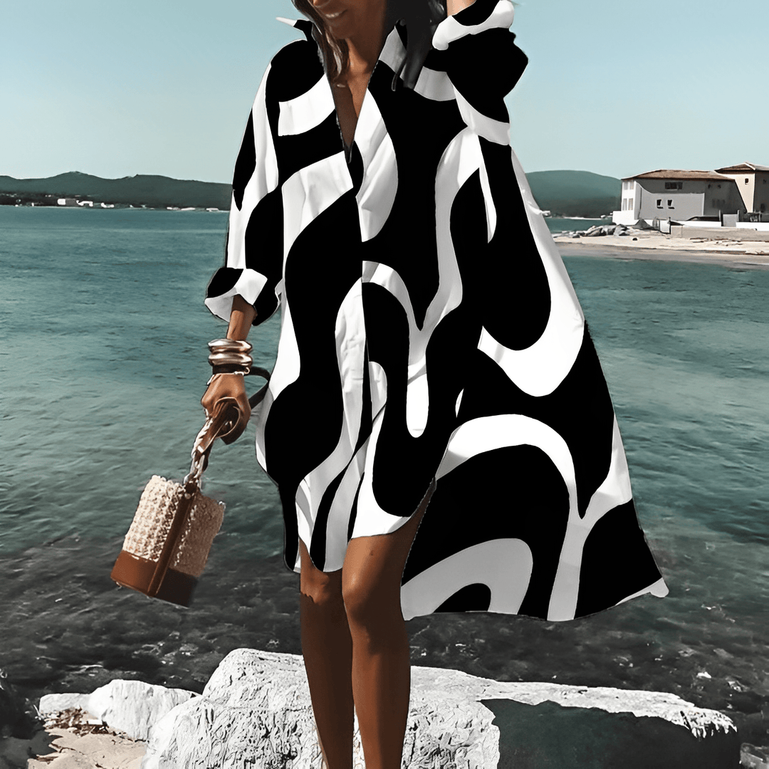 Fashionable Print Midi Dress with Unique Pattern - Mia Belle-Black/White-S-50% OFF!-State of Style