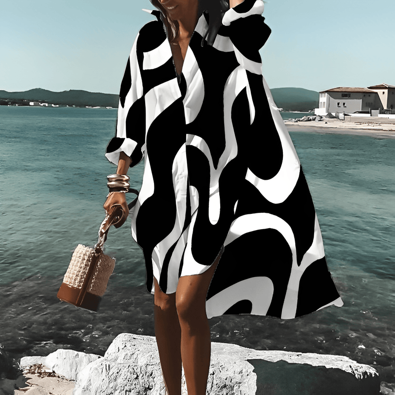 Fashionable Print Midi Dress with Unique Pattern - Mia Belle-Black/White-S-50% OFF!-State of Style