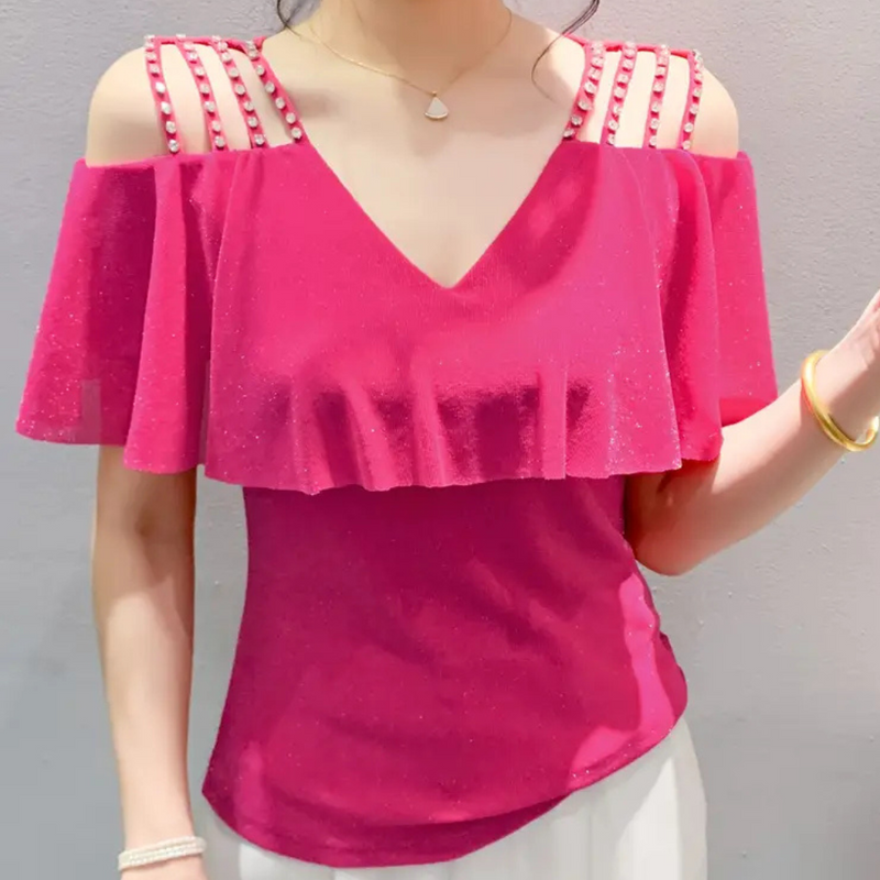 Fashionable V-Neck Blouse for Women - Elvira-Pink-XS-State of Style
