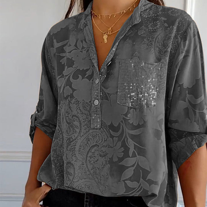 Fashionable women's top with V-neck and button placket – Amaya-Gray-S-State of Style