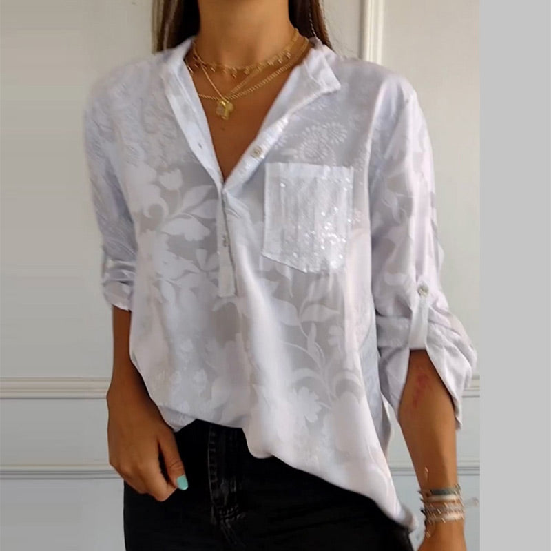 Fashionable women's top with V-neck and button placket – Amaya-White-S-State of Style