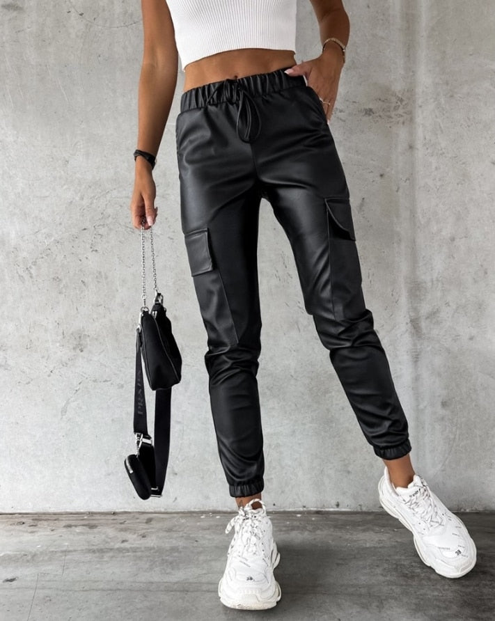 Faux Leather Cargo Trousers for Women - Jade-S-State of Style