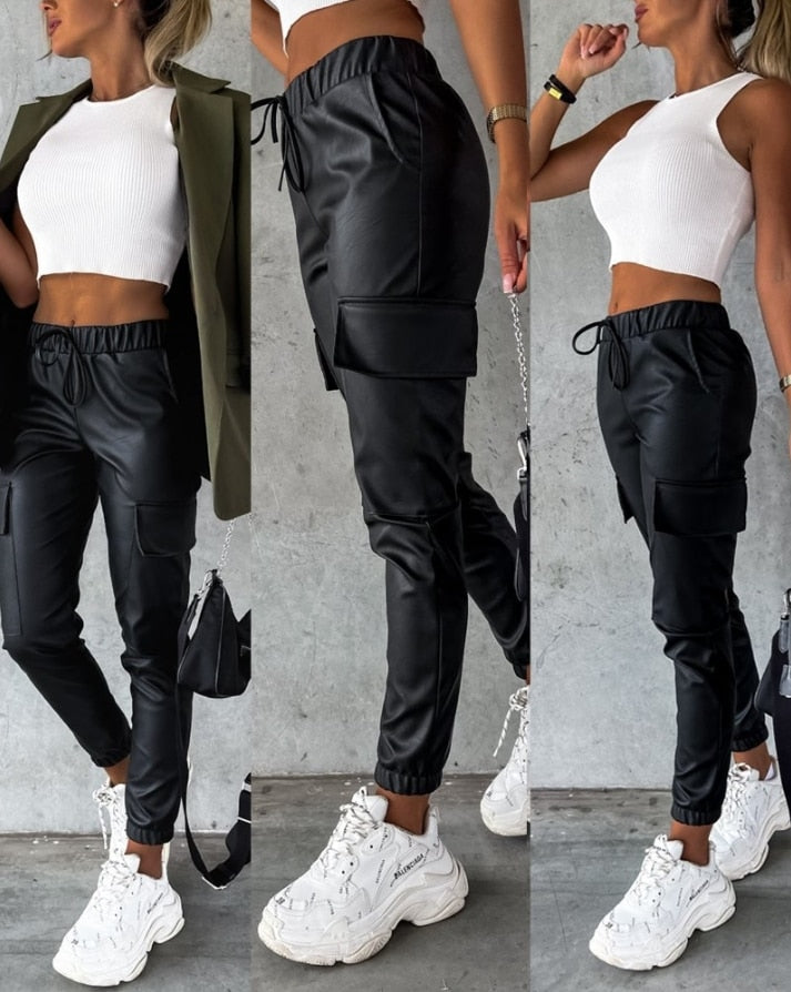 Faux Leather Cargo Trousers for Women - Jade-S-State of Style