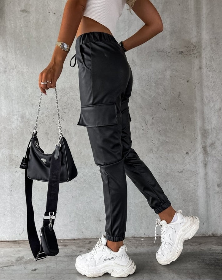 Faux Leather Cargo Trousers for Women - Jade-S-State of Style