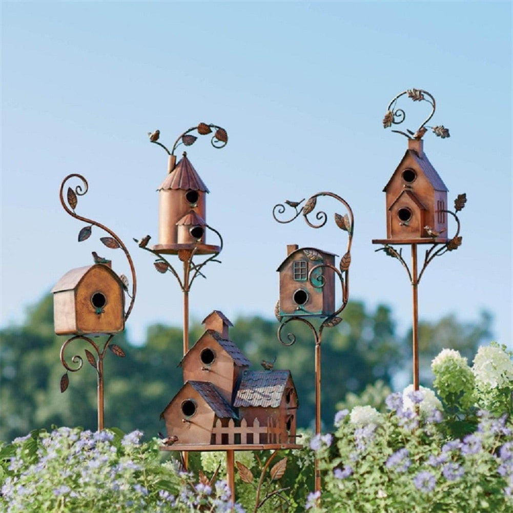 FeatherNest Metal Art Birdhouse on Garden Stake-House with fireplace and window-State of Style