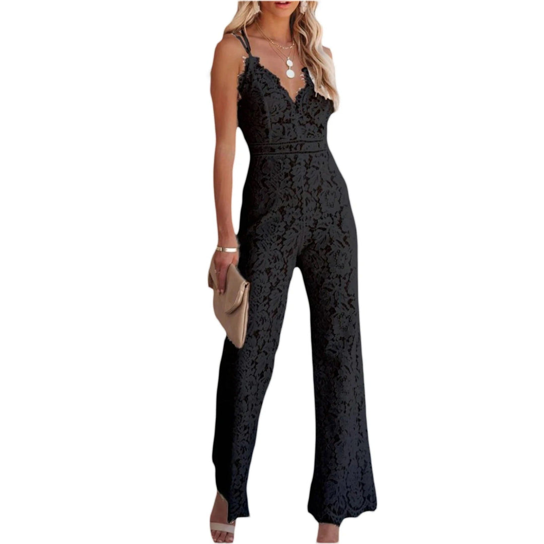 Figure-hugging ladies' jumpsuit with floral pattern and back cut-out - SpitzenBlüte-Black-S-State of Style