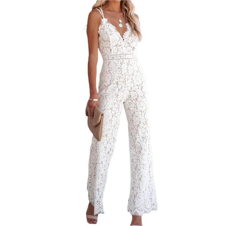 Figure-hugging ladies' jumpsuit with floral pattern and back cut-out - SpitzenBlüte-White-S-State of Style