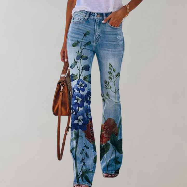 Flared Jeans with Buttons - Pink-Blue Flower-S-State of Style