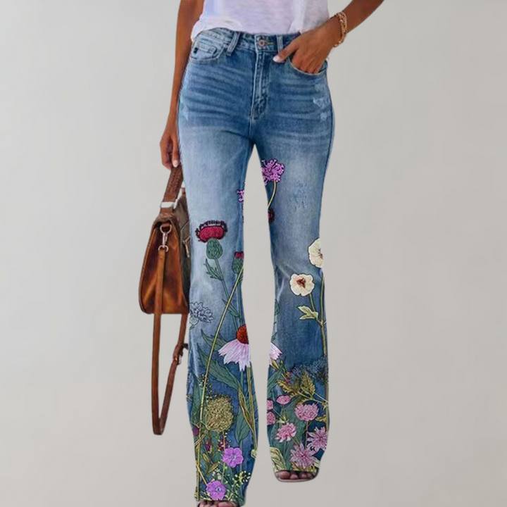 Flared Jeans with Buttons - Pink-Red Flower-S-State of Style